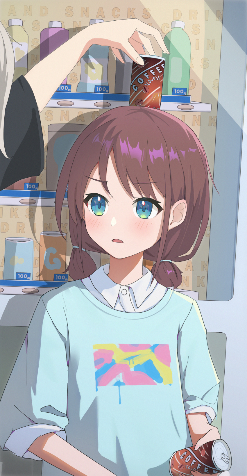 2girls, absurdres, black_shirt, blue_eyes, blue_shirt, blush, brown_hair, can