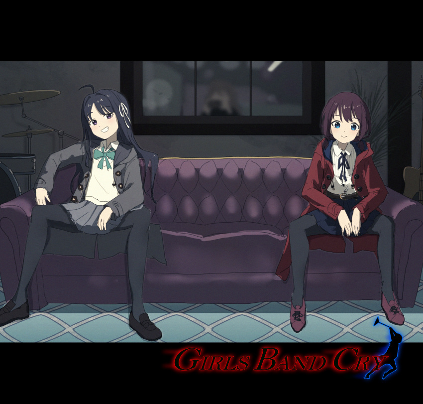 3girls, absurdres, awa_subaru, black_footwear, black_hair, black_pantyhose, black_ribbon, black_skirt