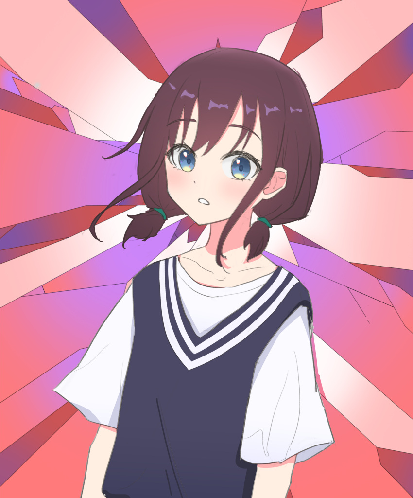 1girl, abstract_background, absurdres, black_sweater_vest, blue_eyes, brown_hair, chinese_commentary, commentary_request