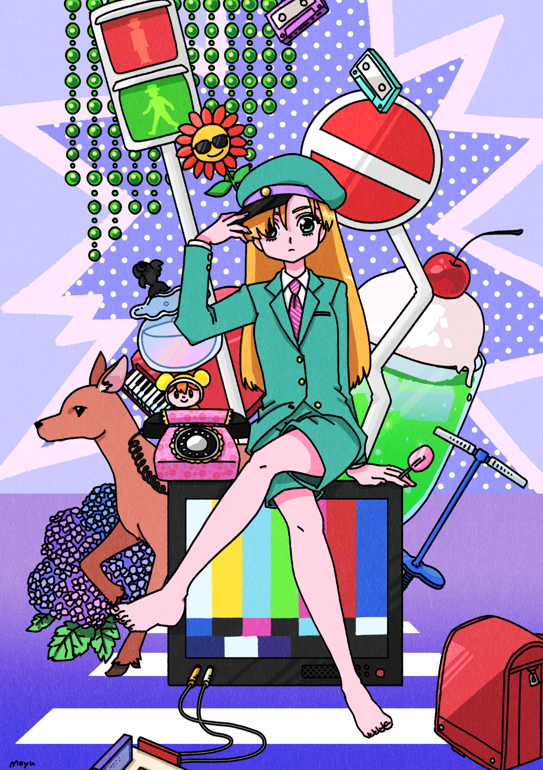 1girl, antique_phone, arm_support, barefoot, blonde_hair, candy, cassette_tape, collared_shirt, crosswalk_sign, deer, doll, famicom, flower, food, fujishima_moyu, game_console, green_eyes, green_hat, green_jacket, green_shorts, hat, highres, instrument, jacket, keyboard_(instrument), lollipop, long_hair, long_sleeves, milkshake, necktie, original, phone, pink_necktie, pogo_stick, road_sign, rotary_phone, shirt, shorts, sign, sitting, solo, striped_necktie, sunflower, test_card, white_shirt