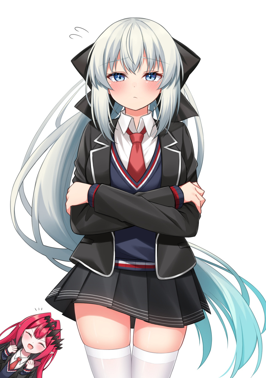 2girls, baobhan_sith_(fate), black_jacket, black_skirt, blazer, blue_eyes, blush, closed_eyes