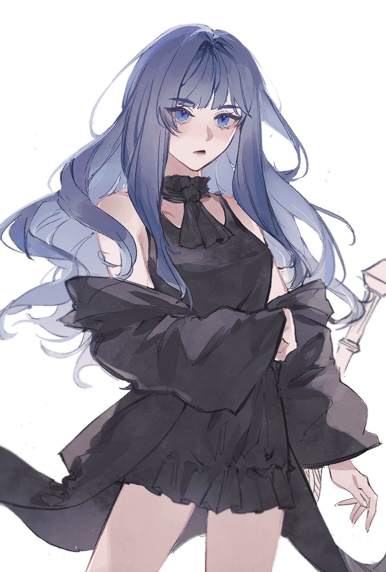 1girl, bare_shoulders, bb3oe, black_dress, black_jacket, blue_eyes, blue_hair, closed_mouth, commentary_request, cowboy_shot, dress, final_fantasy, final_fantasy_xiv, gaia_(ff14), highres, jacket, korean_commentary, long_hair, long_sleeves, off_shoulder, simple_background, solo, white_background