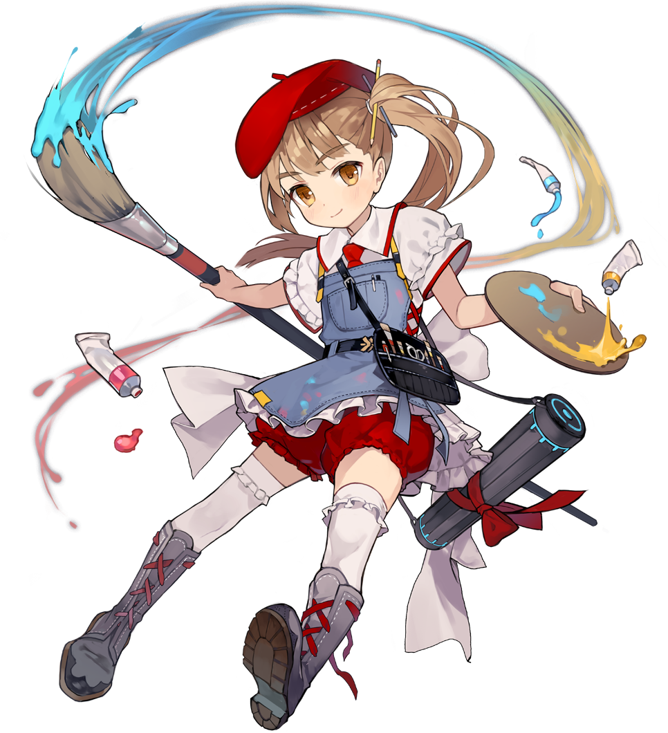 1girl, artist_request, beret, bloomers, blouse, boots, bow, breasts, brown_eyes, brown_hair, chrono_ark, collared_dress, dress, eria_(chrono_ark), frills, game_cg, hair_ornament, hat, holding, holding_paintbrush, looking_at_viewer, necktie, non-web_source, official_art, paint, paint_on_clothes, paintbrush, palette_(object), pencil, ribbon, shirt, side_ponytail, small_breasts, thigh-highs, tools, transparent_background, unused, upskirt