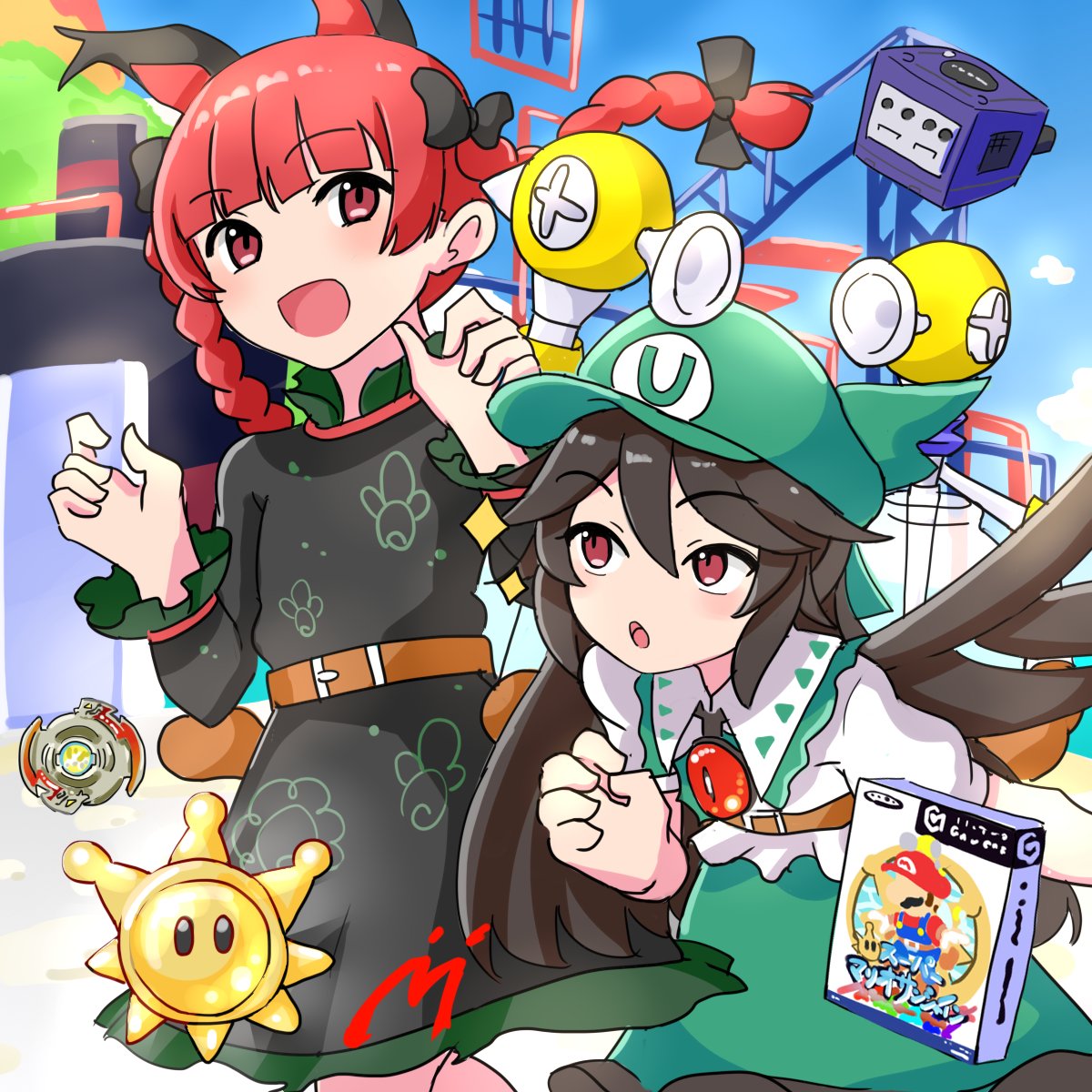 2girls, beyblade, bird_wings, black_dress, black_hair, black_wings, blue_sky, bow, braid, commentary_request, dress, f.l.u.d.d., game_console, gamecube, green_hat, green_skirt, hair_bow, hat, highres, kaenbyou_rin, kappy745, long_hair, long_sleeves, looking_at_viewer, multiple_girls, open_mouth, outdoors, red_eyes, redhead, reiuji_utsuho, shine_sprite, shirt, side_braids, skirt, sky, smile, super_mario_bros., super_mario_sunshine, third_eye, touhou, twin_braids, white_shirt, wings