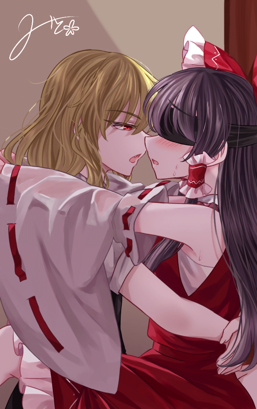 2girls, black_blindfold, blindfold, blonde_hair, blush, bow, brown_hair, commentary_request, detached_sleeves, frilled_bow, frilled_hair_tubes, frills, hair_bow, hair_tubes, hakurei_reimu, highres, hug, imminent_kiss, kirisame_marisa, long_hair, mito_(fate), multiple_girls, no_headwear, open_mouth, red_bow, red_eyes, red_skirt, ribbon-trimmed_sleeves, ribbon_trim, signature, skirt, skirt_set, sweat, touhou, yuri