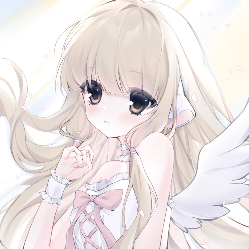 1girl, angel_wings, blonde_hair, bow, brown_eyes, chii, chobits, choker, cross-laced_clothes, cross-laced_top, floating_hair, frilled_choker, frills, highres, light_blush, light_smile, long_bangs, long_hair, looking_at_viewer, pale_skin, pink_bow, robot_ears, simple_background, sleeveless, solo, three-toned_background, white_wings, white_wrist_cuffs, wings, wrist_cuffs