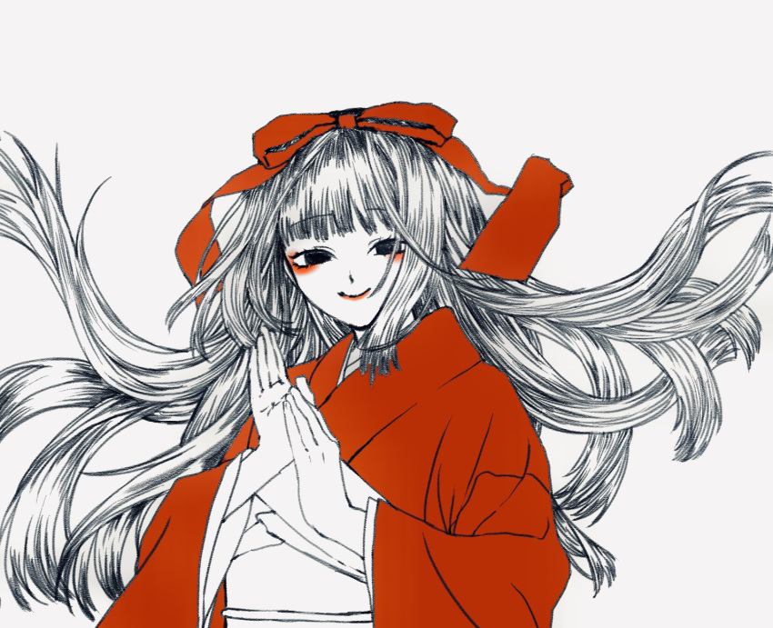 1girl, closed_mouth, commentary_request, empty_eyes, eyeshadow, floating_hair, hair_ribbon, half-closed_eyes
