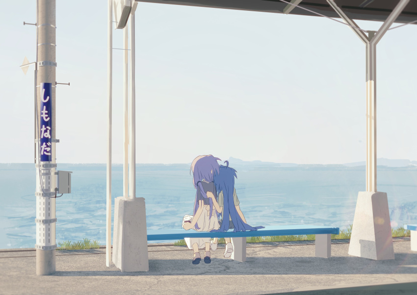2girls, absurdres, ahoge, ap04astral, blue_hair, commentary, cuddling, english_commentary, from_behind, grabbing_another's_hair, highres, hiiragi_kagami, izumi_konata, long_hair, long_skirt, lucky_star, multiple_girls, ocean, on_bench, purple_hair, scenery, sketch, skirt, sun_glare, twintails, utility_pole, very_long_hair, white_skirt