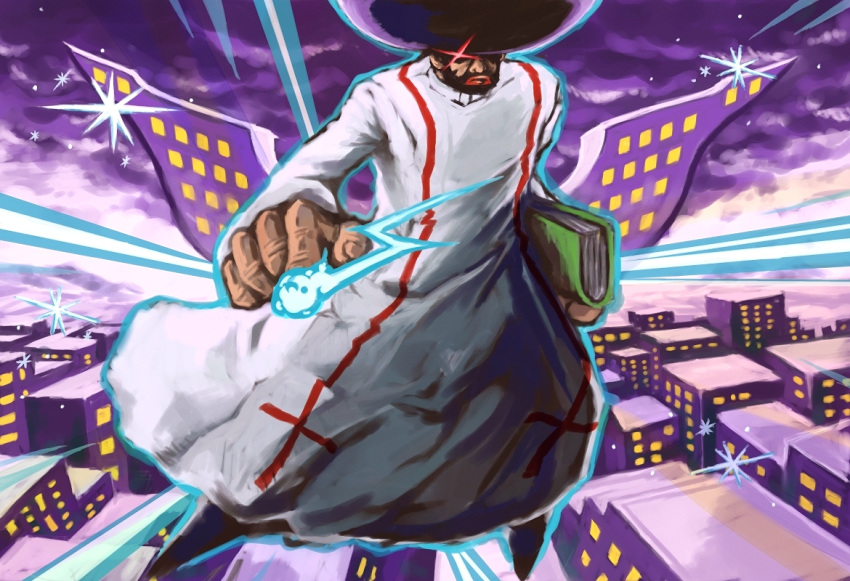 afro, beard, black_hair, facial_hair, garterbelt_(character), garterbelt_(psg), glowing, glowing_eyes