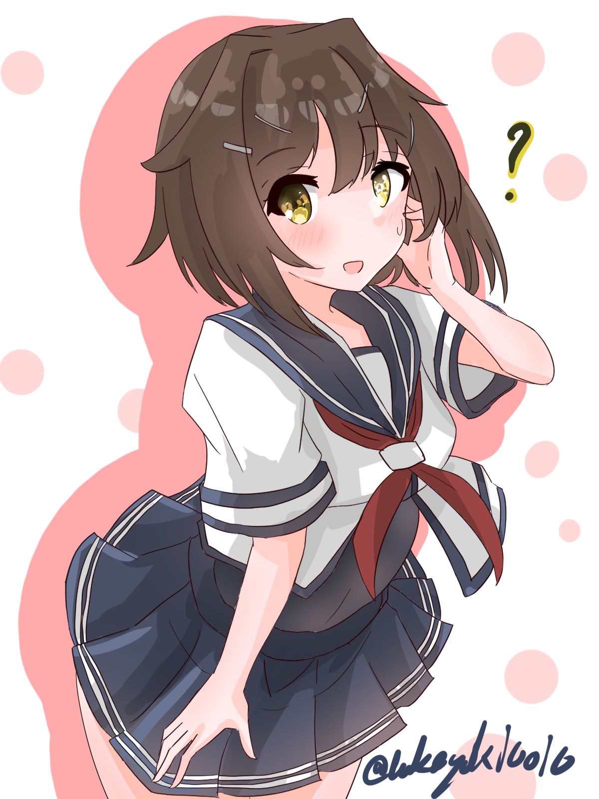 1girl, ?, blue_sailor_collar, blue_skirt, brown_hair, coic_hakushaku, commentary_request, cowboy_shot, furutaka_(kancolle), heterochromia, highres, kantai_collection, neckerchief, one-hour_drawing_challenge, pleated_skirt, red_neckerchief, sailor_collar, school_uniform, serafuku, short_hair, skirt, solo, yellow_eyes