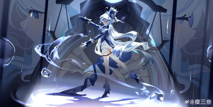 1girl, absurdres, ahoge, ascot, asymmetrical_gloves, blue_ascot, blue_eyes, blue_footwear