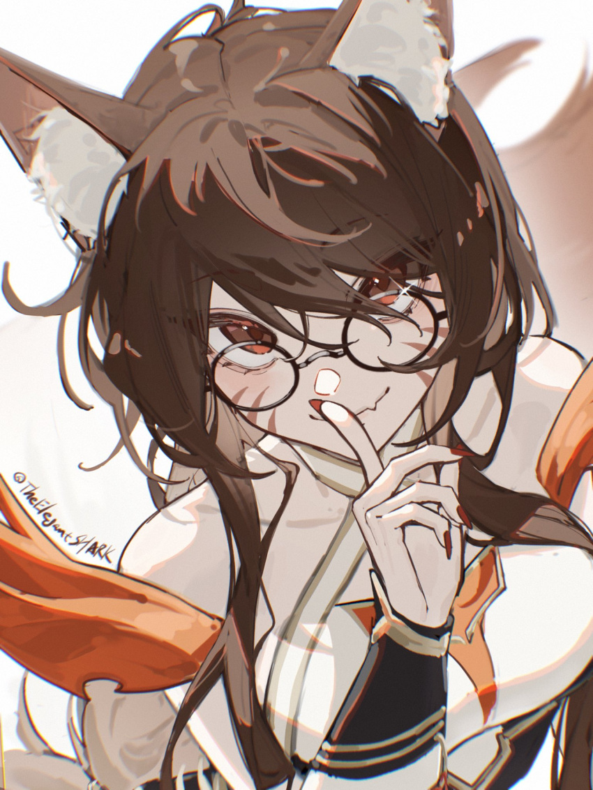 1girl, ahri_(league_of_legends), animal_ear_fluff, animal_ears, artist_name, black_hair, closed_mouth, facial_mark, fang, finger_to_mouth, fingernails, fox_ears, glasses, hair_between_eyes, highres, immortalized_legend_ahri, league_of_legends, light_particles, long_hair, looking_at_viewer, nail_polish, official_alternate_costume, red_eyes, red_nails, shark_(theelegantshark), sidelocks, skin_fang, smile, solo, whisker_markings
