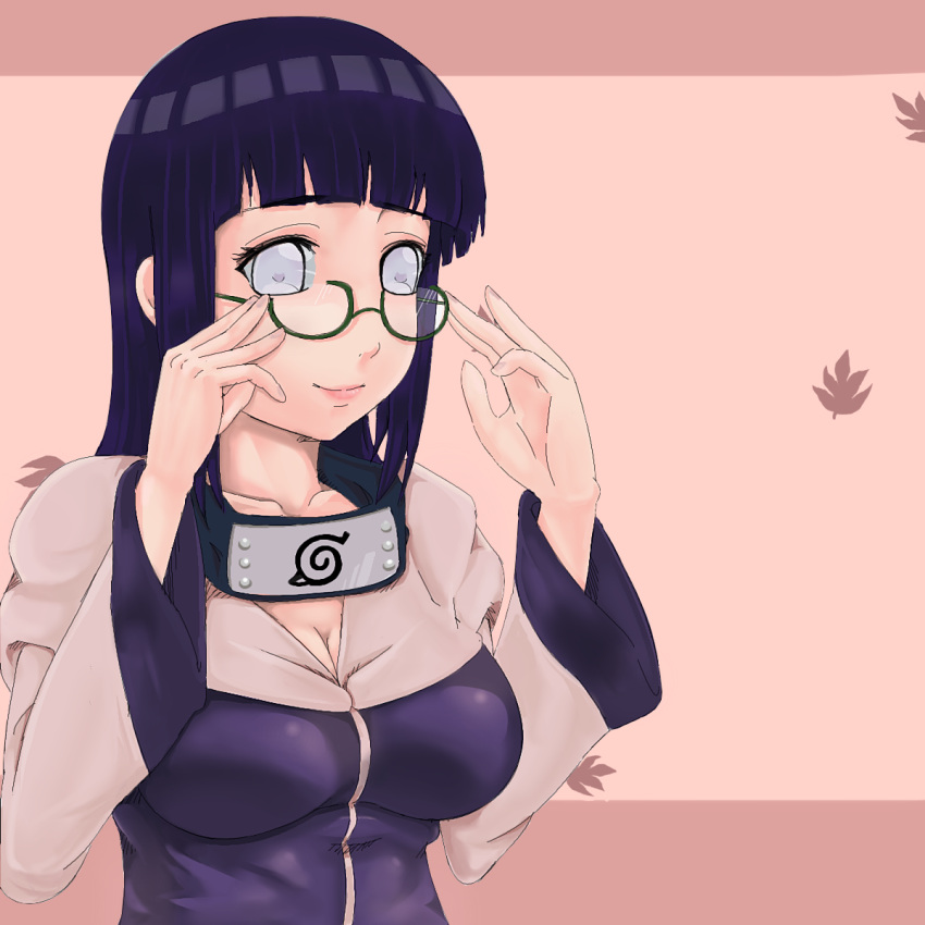 black_hair, forehead_protector, glasses, highres, hoodie, hyuuga_hinata, long_hair, naruto, sakuama, white_eyes