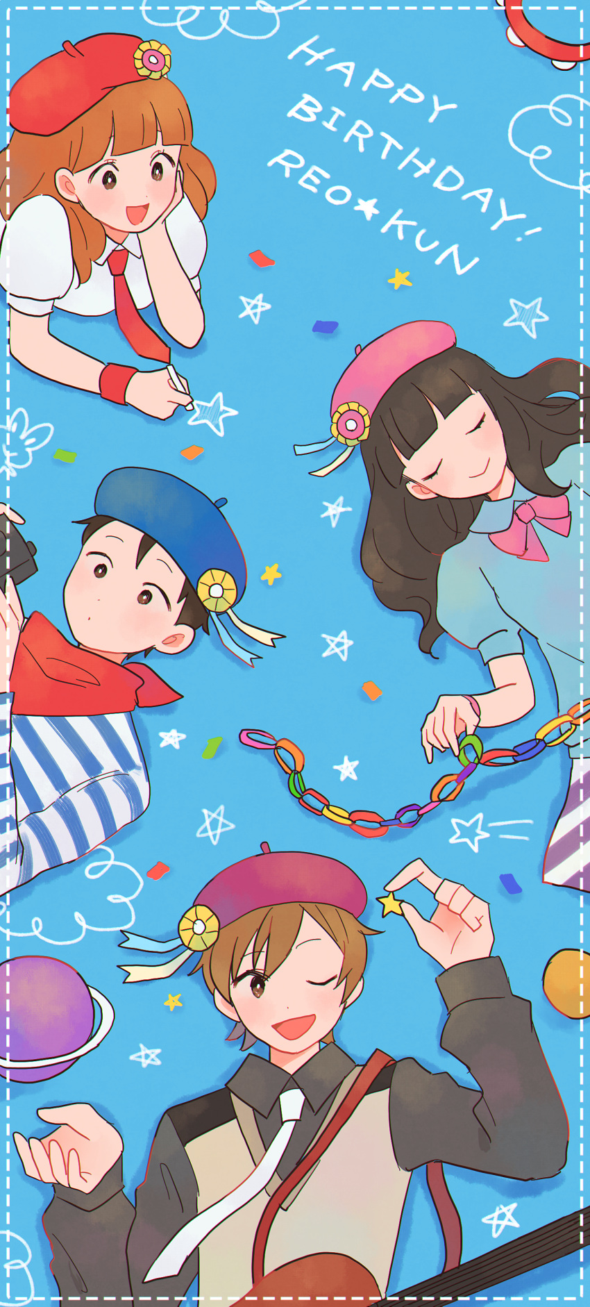 2boys, 2girls, absurdres, bandana, beret, black_eyes, black_hair, black_shirt