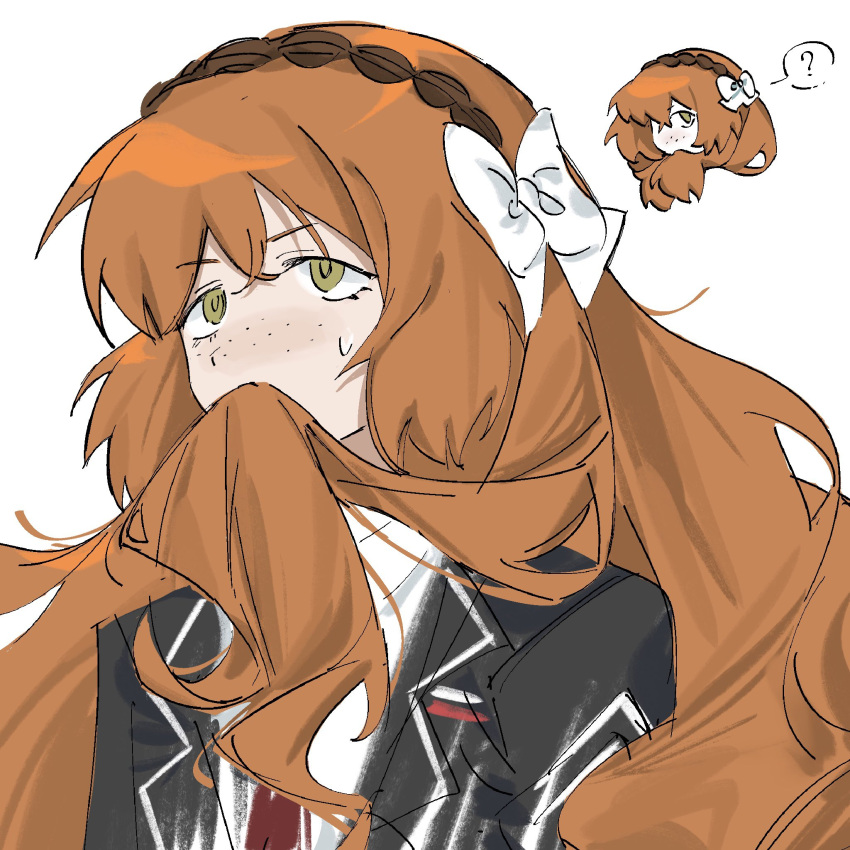 1girl, black_jacket, bow, brown_hairband, chibi, chibi_inset, collared_shirt, freckles
