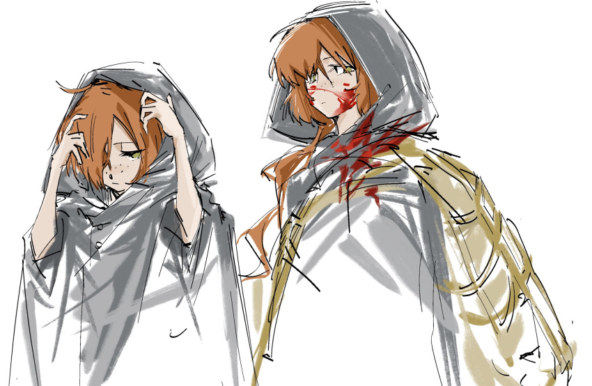 1girl, age_progression, blood, blood_on_clothes, blood_on_face, cape, closed_mouth, fishing_net