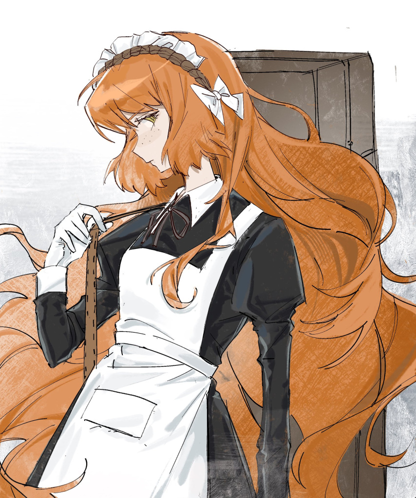 1girl, apron, black_dress, bow, brown_hairband, closed_mouth, cowboy_shot, dress