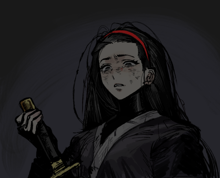 1girl, aeng-du_(project_moon), black_background, black_coat, black_eyes, black_hair, black_shirt, bruise