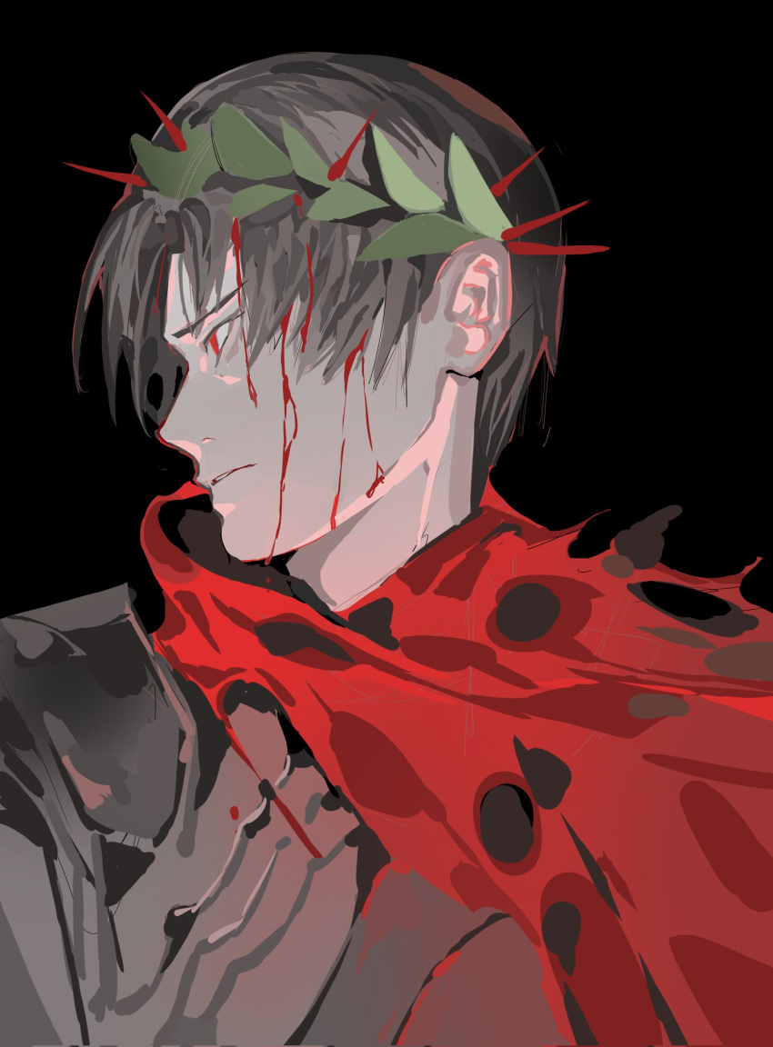 1boy, black_background, blood, cape, crown_of_thorns, e.g.o_(project_moon), facing_to_the_side, grey_armor