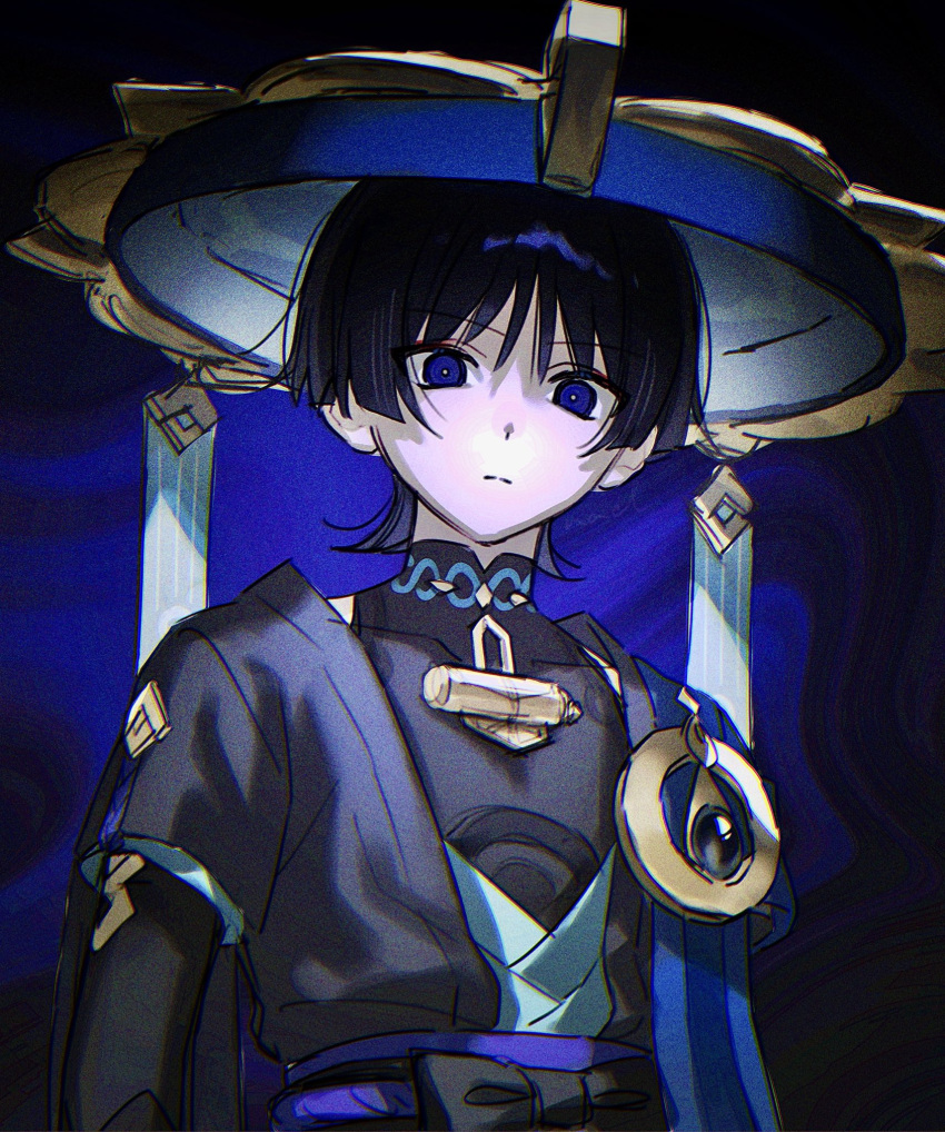1boy, armor, black_background, black_hair, blue_background, blue_eyes, blue_hat, closed_mouth