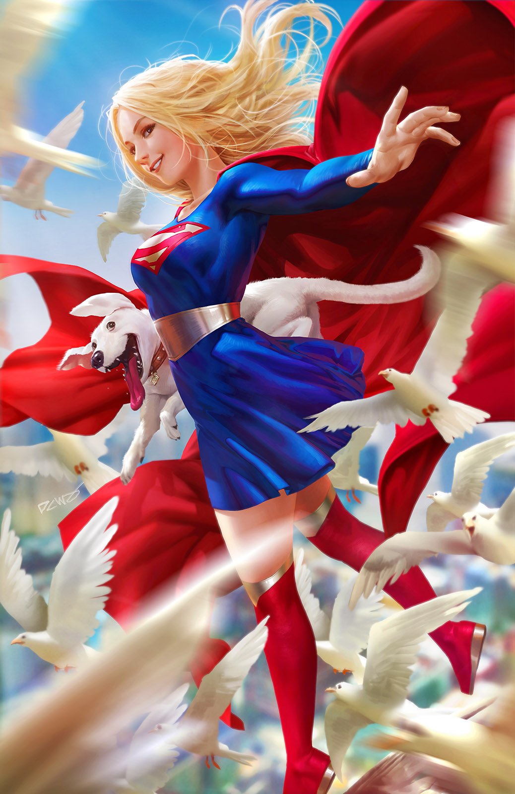 1girl, animal, bird, blonde_hair, blue_dress, blue_sky, blurry, boots