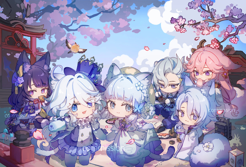 2boys, 4girls, absurdres, animal_ears, animal_feet, animal_hands, architecture, bird