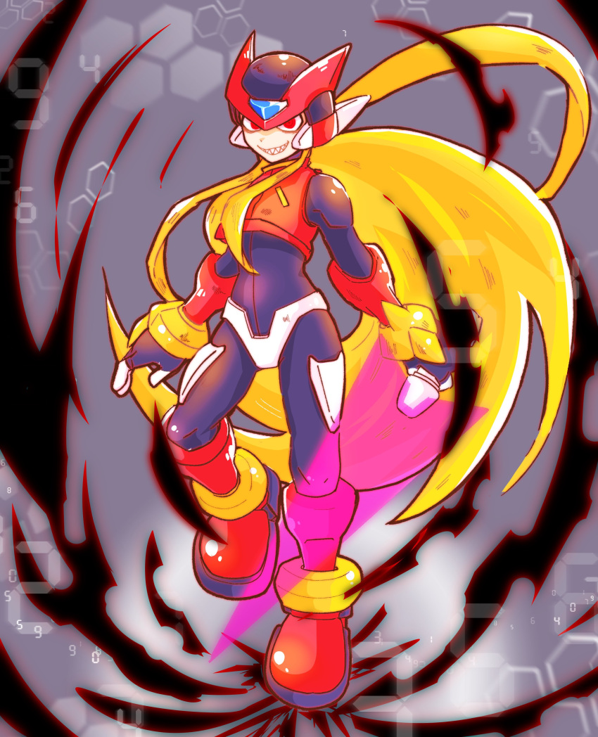 1boy, absurdres, android, armor, aura, blonde_hair, boots, energy_sword