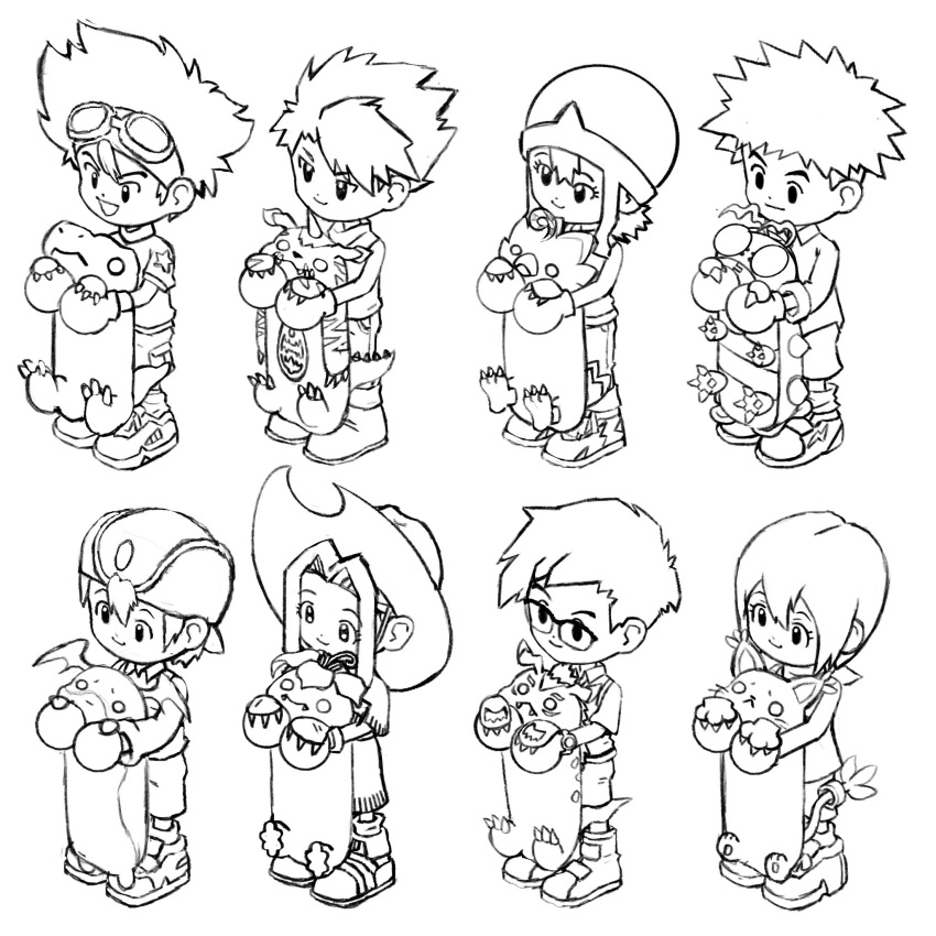 3girls, 5boys, :d, agumon, bare_arms, closed_mouth, digimon, digimon_(creature)