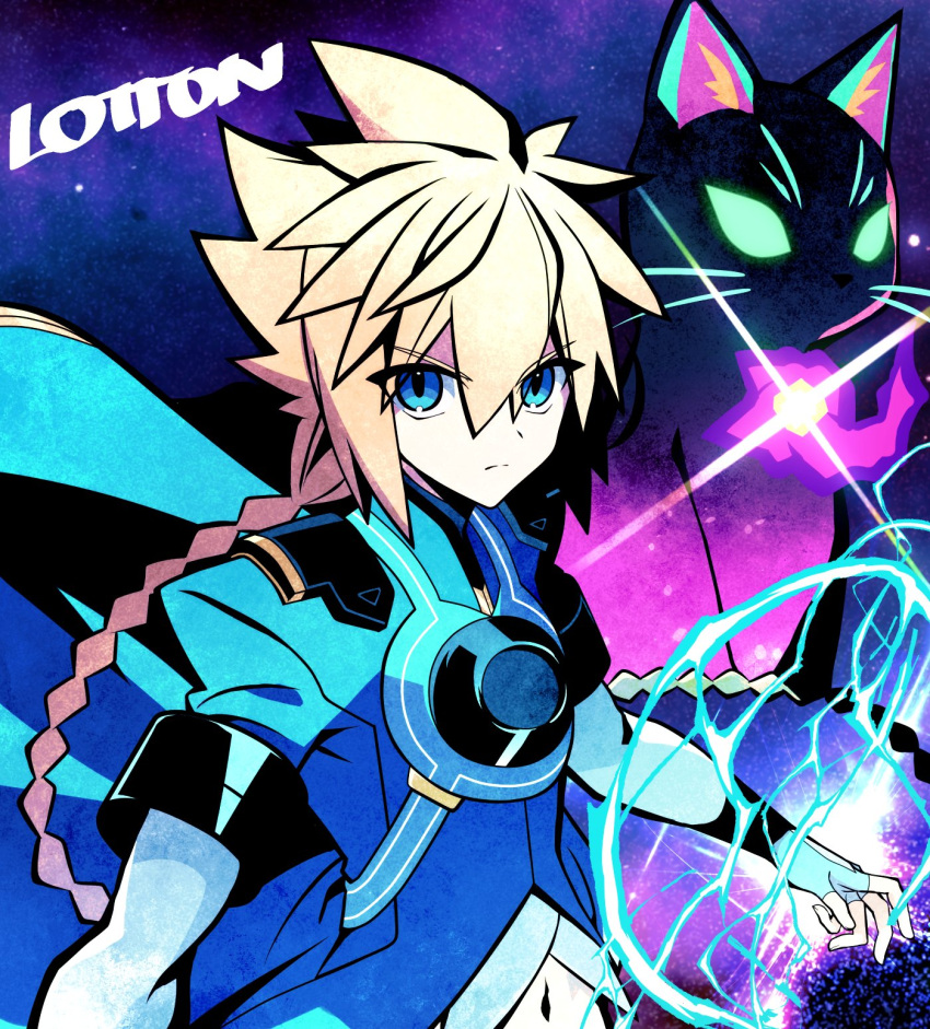 artist_name, azure_striker_gunvolt, azure_striker_gunvolt_3, black_fur, blonde_hair, blue_coat, blue_eyes, body_fur, braid, braided_ponytail, cat, coat, commentary, company_connection, crossover, electricity, glowing, glowing_eyes, gunvolt, highres, kuon_(umbraclaw), lololotton, long_hair, spiky_hair, symbol-only_commentary, umbraclaw