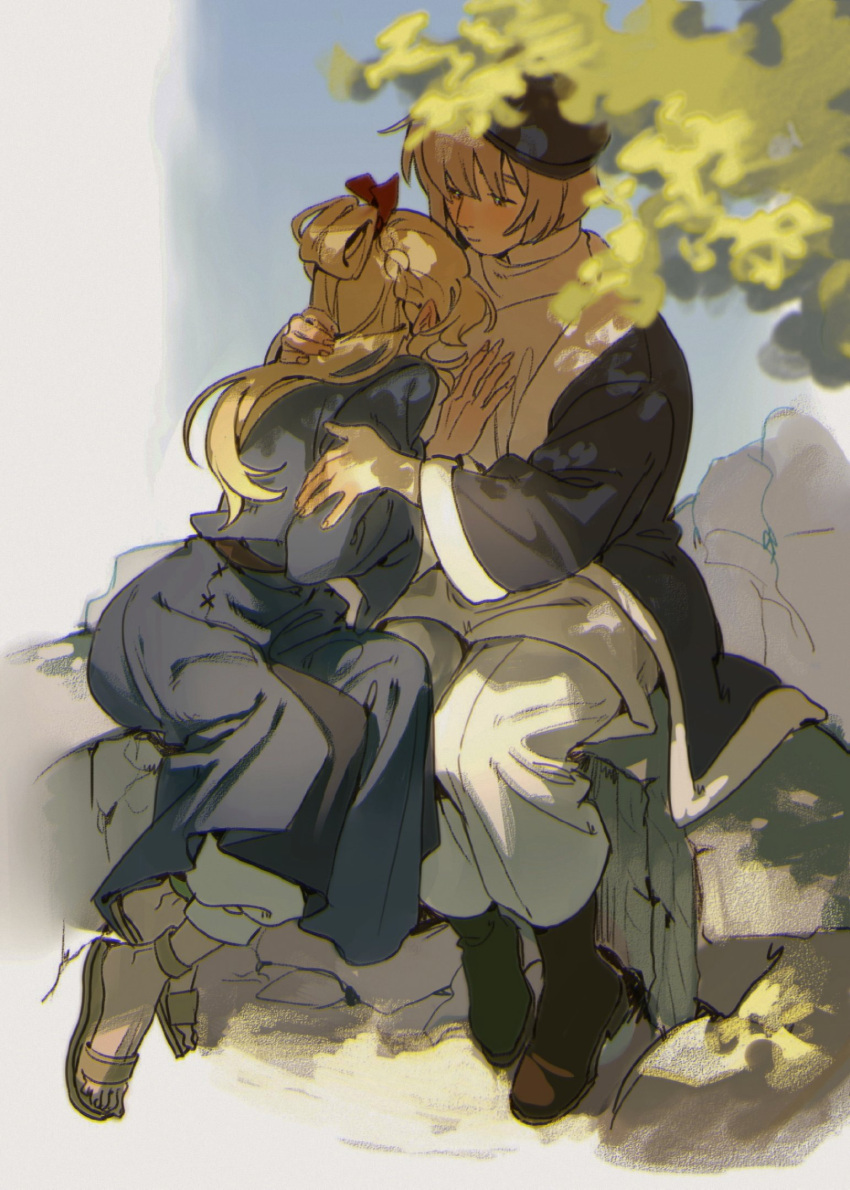 2girls, ankle_boots, black_beret, black_hat, blonde_hair, blue_jacket, blue_robe, boots