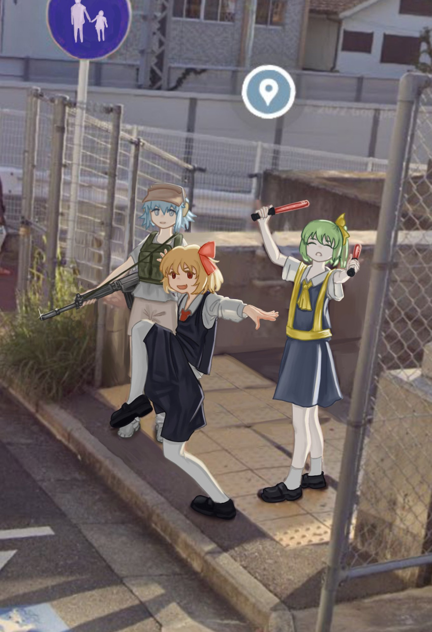 3girls, ascot, assault_rifle, black_skirt, black_vest, blonde_hair, blue_eyes, blue_hair, bow, bulletproof_vest, chain-link_fence, cirno, cirno_(cookie), collared_shirt, colored_skin, cookie_(touhou), daiyousei, diyusi_(cookie), fence, flat_chest, full_body, green_hair, gun, hair_bow, hair_ribbon, headset, high-visibility_vest, high_school_girls_posing_for_google_street_view_(meme), highres, long_sleeves, looking_at_viewer, medium_bangs, meme, multiple_girls, nadeko_(cookie), nari-14, open_mouth, outstretched_arms, pantyhose, pedestrians_only_sign, photo-referenced, photo_background, red_ascot, red_eyes, red_ribbon, ribbon, rifle, road_sign, rumia, shirt, short_hair, sign, skirt, skirt_set, smile, spread_arms, touhou, traffic_baton, vest, weapon, white_pantyhose, white_shirt, white_skin, yellow_bow