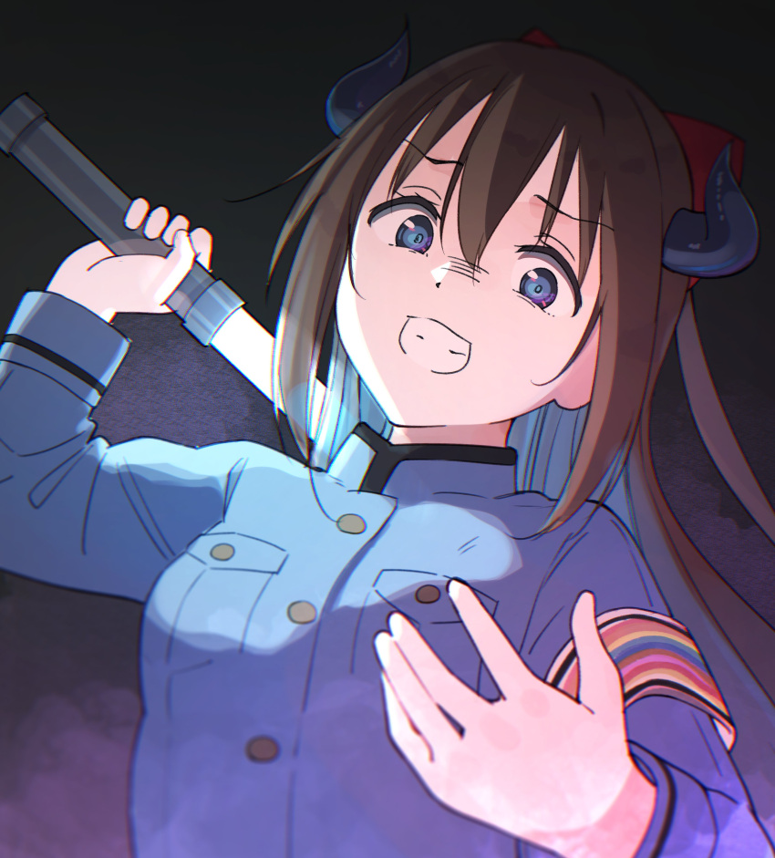1girl, absurdres, armband, blue_dress, blue_eyes, bow, brown_hair, coat_dress