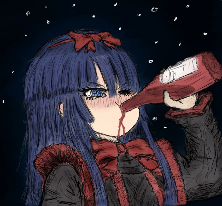 1girl, black_dress, black_souls, blue_eyes, blue_hair, bottle, chugging, cup, drinking_glass, hair_ribbon, holding, holding_bottle, katyusha_chug_(meme), mabel_(black_souls), meme, red_ribbon, ribbon, solo, star_(symbol), star_in_eye, sushi_yuusha_toro_(style), symbol_in_eye, wine_glass