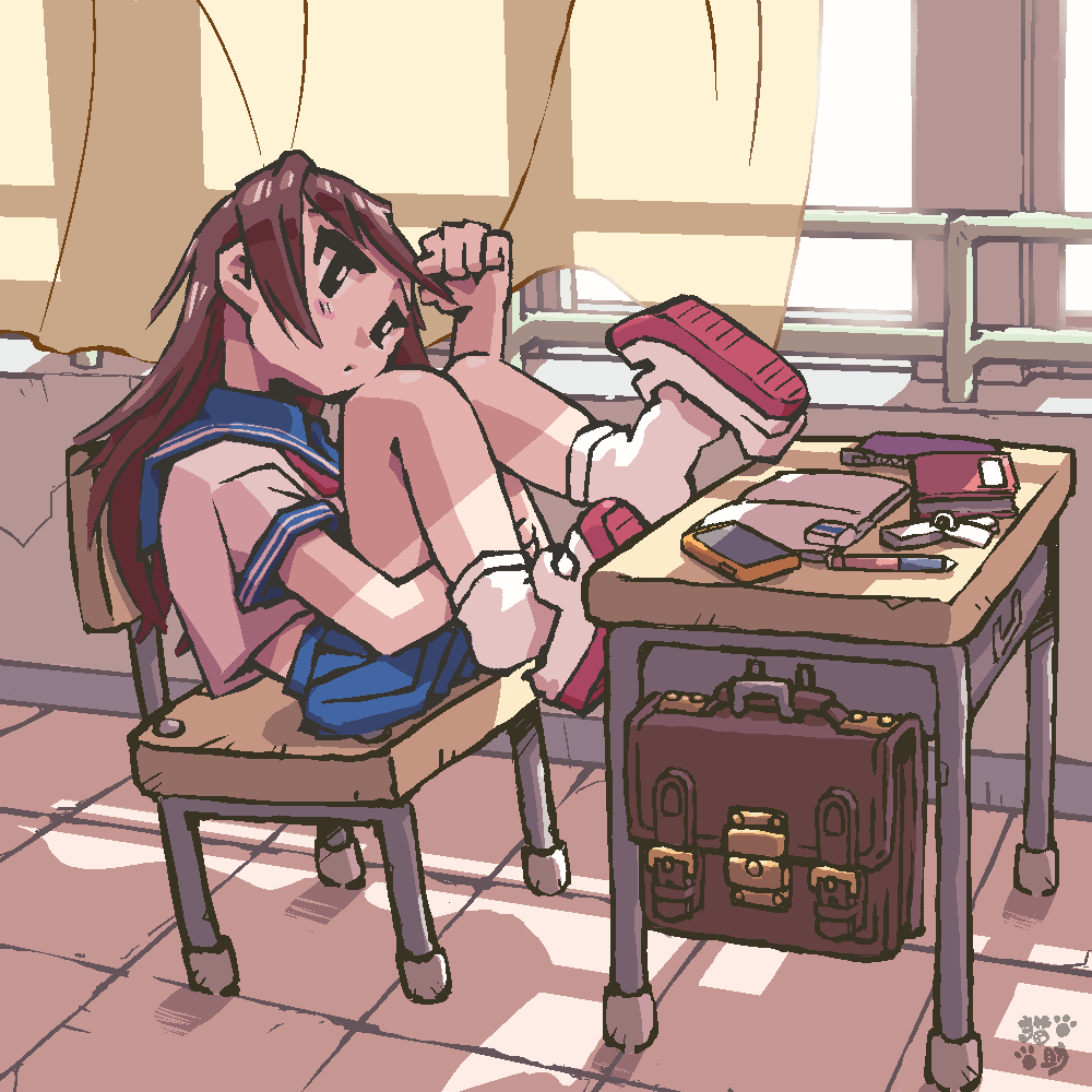 1girl, blue_sailor_collar, blue_skirt, book, brown_bag, brown_hair, cellphone, classroom