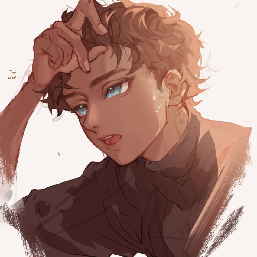 1boy, adjusting_hair, black_hair, blue_eyes, close-up, dark-skinned_male, dark_skin, dungeon_meshi