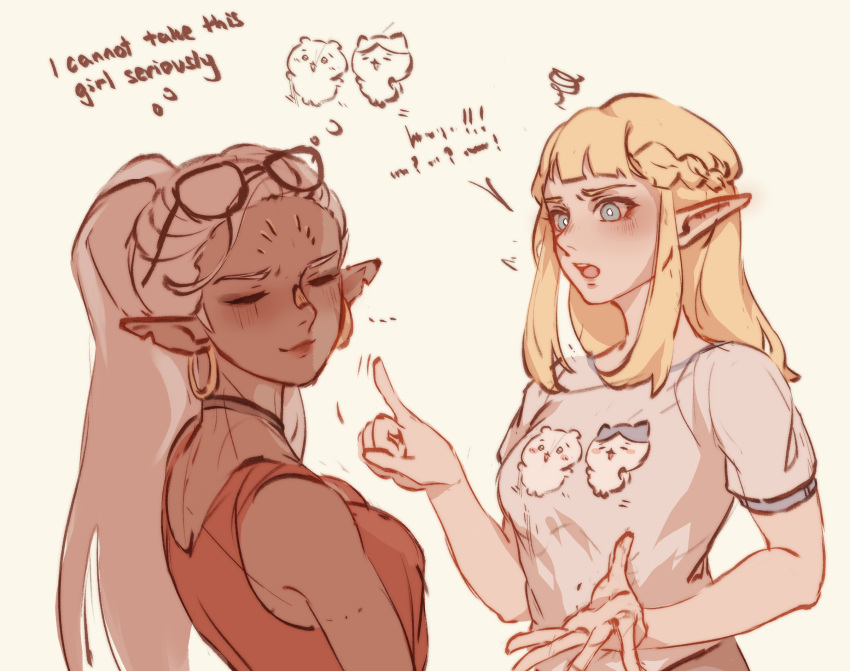 2girls, blonde_hair, blue_eyes, blush, braid, breasts, chiikawa, chiikawa_(character), choker, cithis, dark-skinned_female, dark_elf, dark_skin, dungeon_meshi, earrings, elf, eyewear_on_head, facial_mark, forehead_mark, grey_hair, hachiware_(chiikawa), highres, hoop_earrings, jewelry, long_hair, medium_hair, multiple_girls, notched_ear, pattadol, pluvioseprince, pointy_ears, ponytail, print_shirt, sanrio, shirt, simple_background
