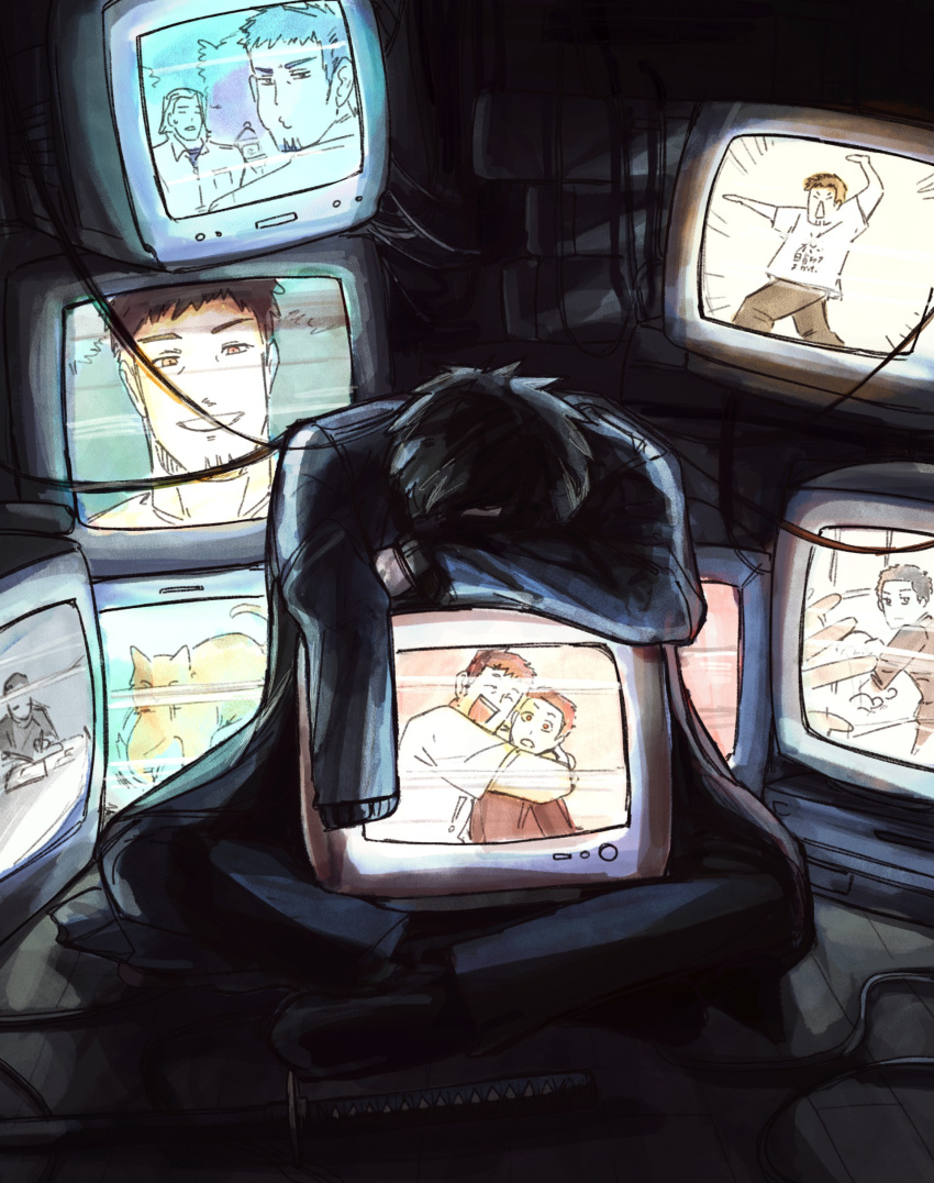 1boy, absurdres, black_jacket, father_and_son, highres, indoors, jacket, kagurabachi