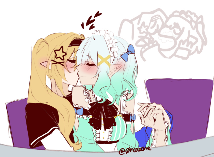 0rcazone, 2girls, blonde_hair, blush, detached_sleeves, dokibird_(vtuber), gradient_hair, green_hair, hair_ornament, highres, indie_virtual_youtuber, kiss, long_hair, maid, maid_headdress, mint_fantome, multicolored_hair, multiple_girls, signature, sleeves_past_wrists, twintails, two_side_up, virtual_youtuber, white_background, white_hair, x_hair_ornament, yuri