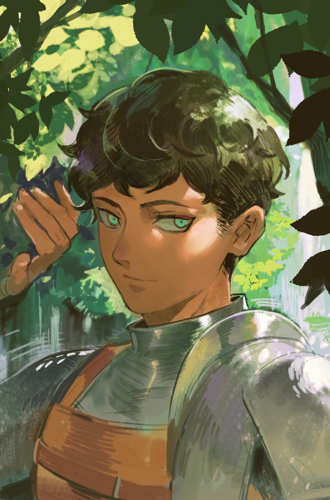 1boy, armor, black_hair, bush, curly_hair, dappled_sunlight, dark-skinned_male, dark_skin