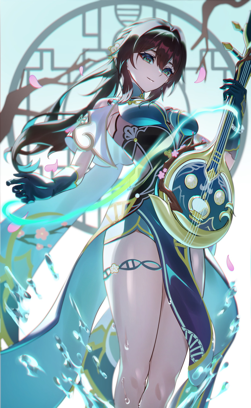 1girl, absurdres, bare_shoulders, black_gloves, blue_dress, breasts, brown_hair, china_dress