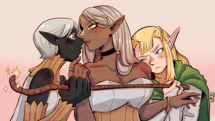 3girls, black_skin, blonde_hair, blue_eyes, braid, breasts, choker, cithis