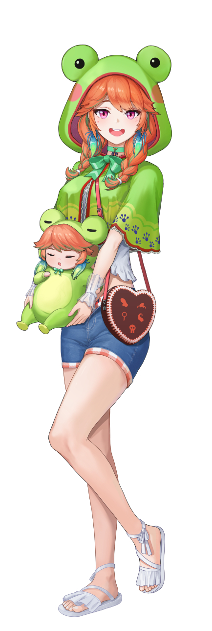 2girls, :d, animal_hood, bag, blue_shorts, braid, breasts, choker