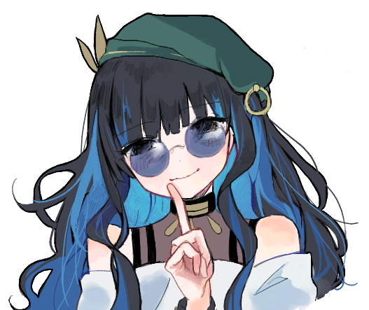 aztec, beret, blue-tinted_eyewear, blush, colored_inner_hair, fate/grand_order, fate_(series), frill_inferno, green_hat, grey_eyes, hat, jewelry, looking_over_eyewear, multicolored_hair, neck_ring, o-ring, purple-tinted_eyewear, smile, sunglasses, tenochtitlan_(fate), tenochtitlan_(second_ascension)_(fate), tinted_eyewear, wavy_hair, white_background, zipper