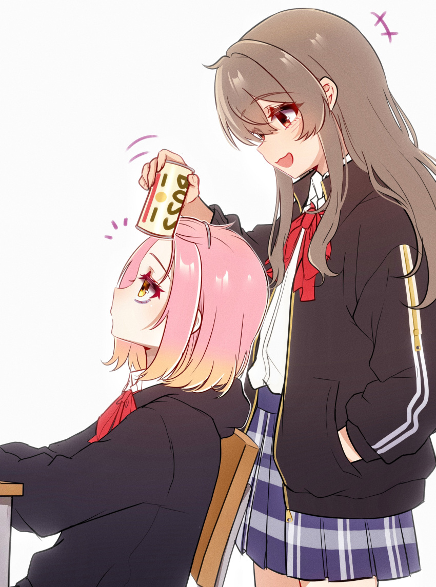 2girls, :3, :d, absurdres, bags_under_eyes, bangs_pinned_back, black_hoodie, black_jacket