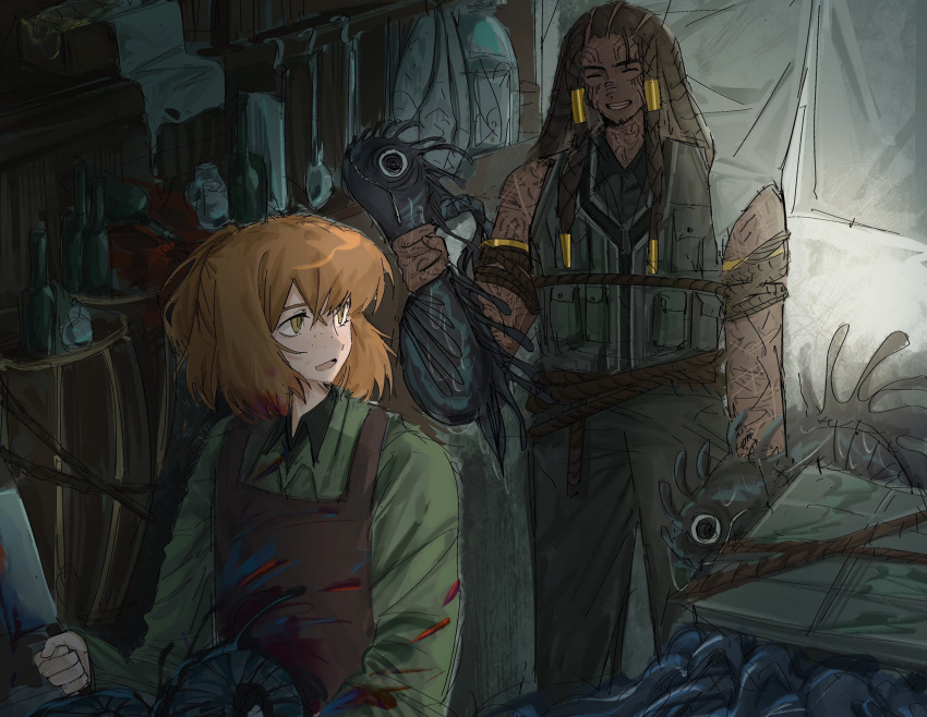 2girls, apron, barrel, bottle, braid, brown_apron, brown_hair, butchering