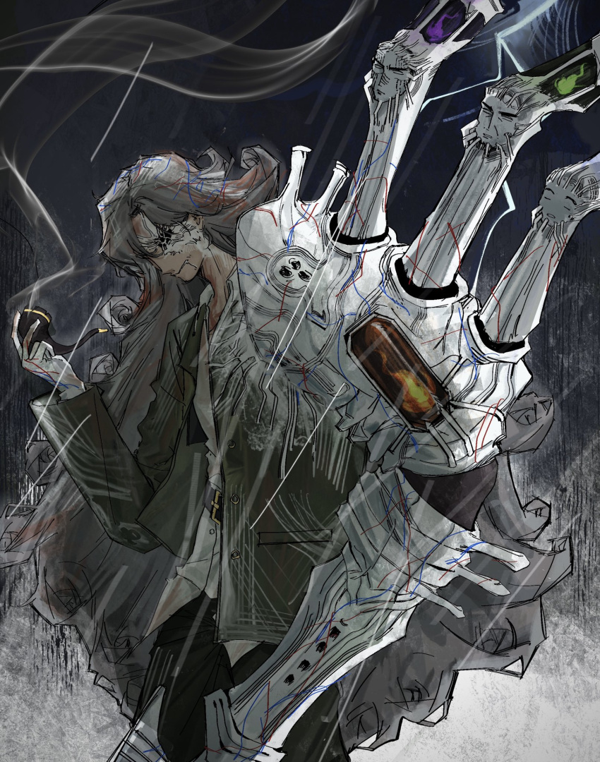 1girl, ahab_(project_moon), belt, black_pants, buttons, collared_shirt, colored_skin, e.g.o_(project_moon), green_jacket, grey_hair, harpoon, highres, holding, holding_smoking_pipe, humian0101, jacket, limbus_company, long_hair, old, old_woman, pants, project_moon, shirt, smoking_pipe, solo, spoilers, veins, very_long_hair, white_shirt, white_skin