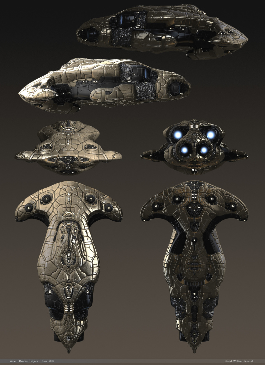3d, absurdres, amarr_empire_(eve_online), artist_name, brown_background, brown_theme, combat_ship_(eve_online), commentary