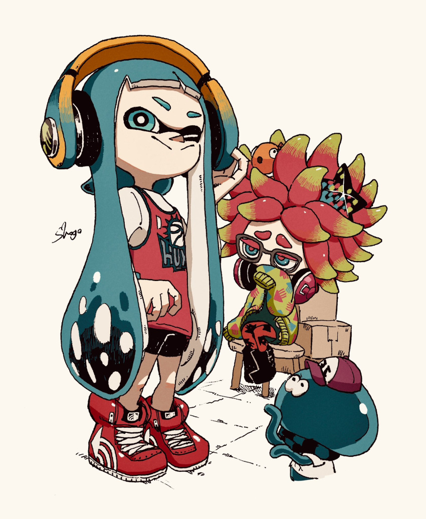 2girls, :>, annie_(splatoon), arrow_print, artist_name, baseball_cap, black_footwear, black_scarf, black_shorts, blue_eyes, blue_hair, blunt_bangs, box, cardboard_box, closed_mouth, clownfish, colored_eyelashes, commentary_request, fish, full_body, furrowed_brow, green_hair, green_hoodie, green_shirt, hair_ornament, hand_on_headphones, hat, headphones, headphones_around_neck, highres, hood, hoodie, inkling_girl, inkling_player_character, jelonzo_(splatoon), jersey, long_hair, looking_at_another, moe_(splatoon), multicolored_hair, multiple_girls, on_stool, one_eye_closed, open_clothes, open_hoodie, pants, print_hoodie, red_footwear, red_pants, red_pupils, redhead, scarf, shirt, shoes, shogo_(shogo70449442), short_hair, short_sleeves, shorts, sitting, sleeves_past_wrists, smile, sneakers, spiky_hair, splatoon_(series), splatoon_1, standing, star_(symbol), star_hair_ornament, striped_clothes, striped_scarf, tentacle_hair, thick_eyebrows, twintails, two-tone_hair, very_long_hair, white_shirt
