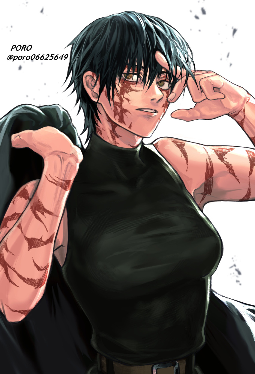 1girl, absurdres, belt, black_hair, black_shirt, breasts, brown_eyes, burn_scar