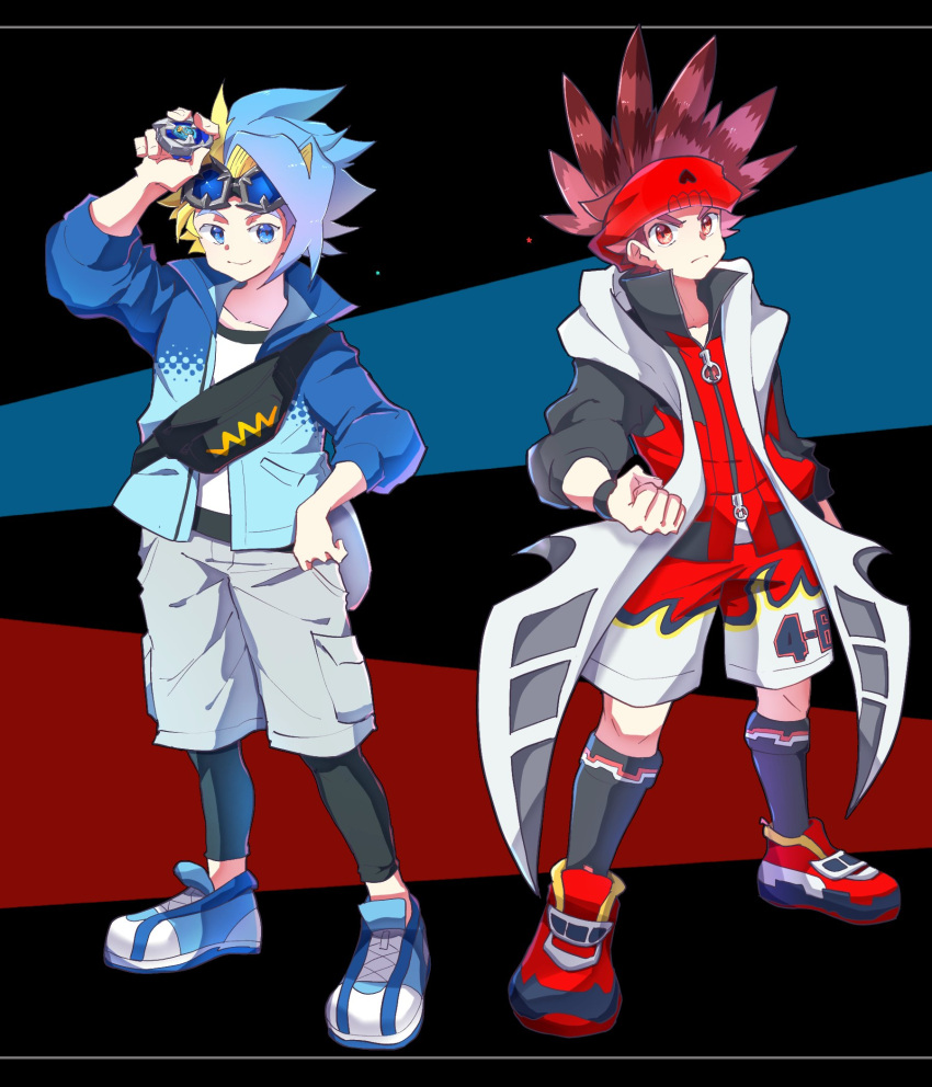 2boys, beyblade, beyblade_(object), beyblade_x, black_background, black_jacket, blonde_hair, blue-tinted_eyewear
